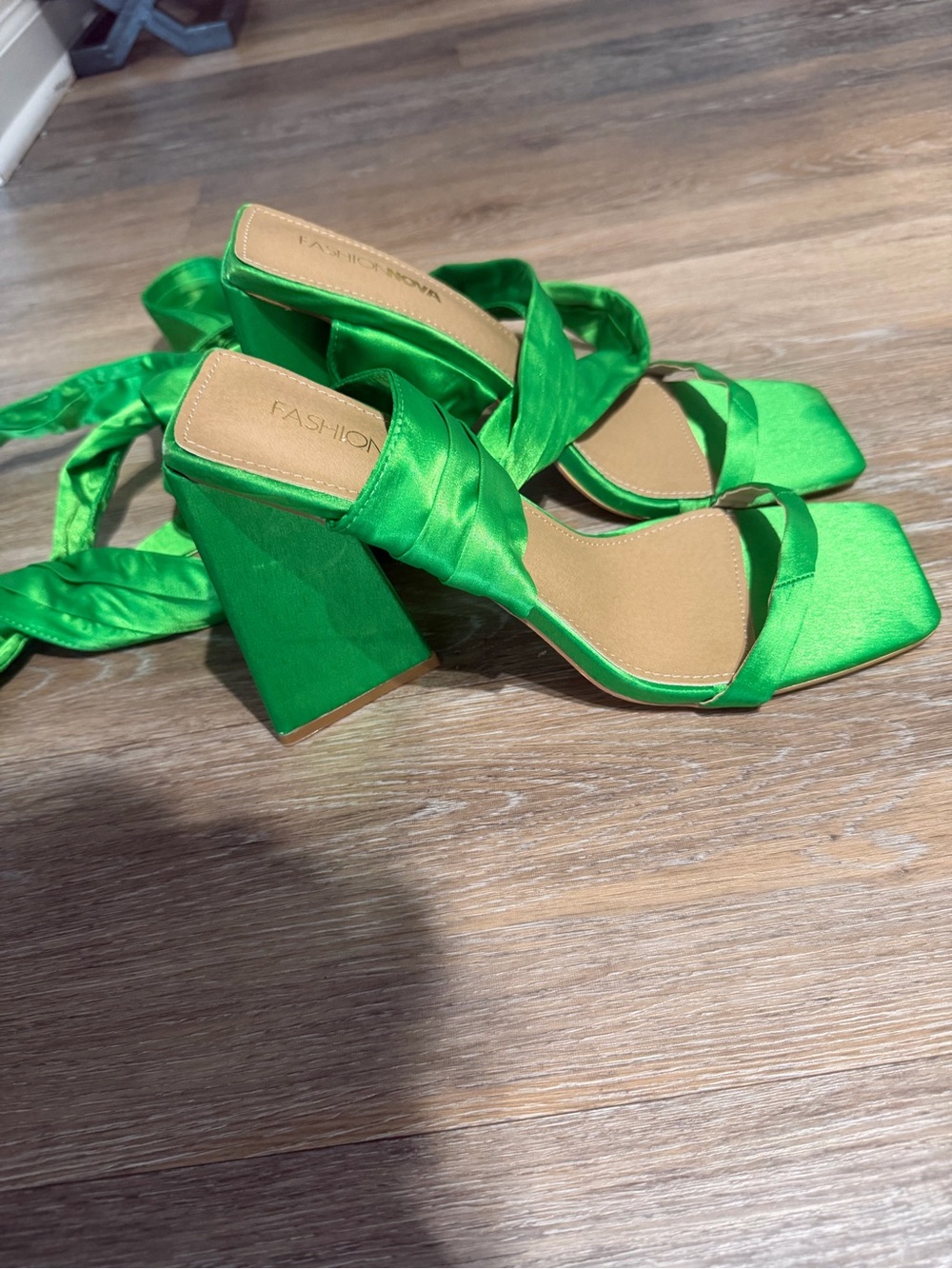 Green Satin Block Heel Sandals with Wrap Straps